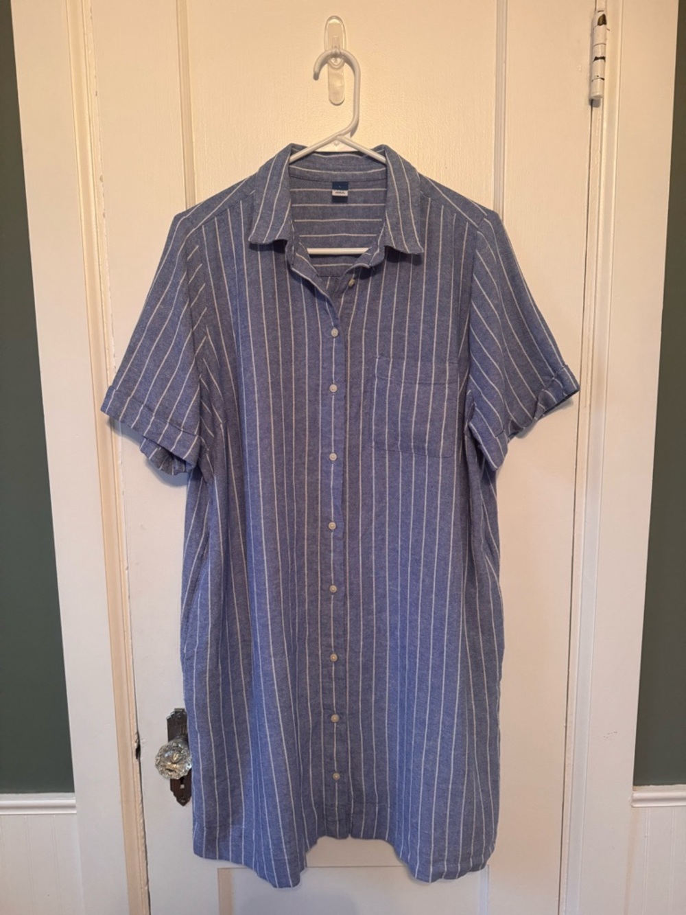 Old Navy Blue and White Striped Linen Blend Mini Shirt Dress - Size Large - Picture 3 of 7